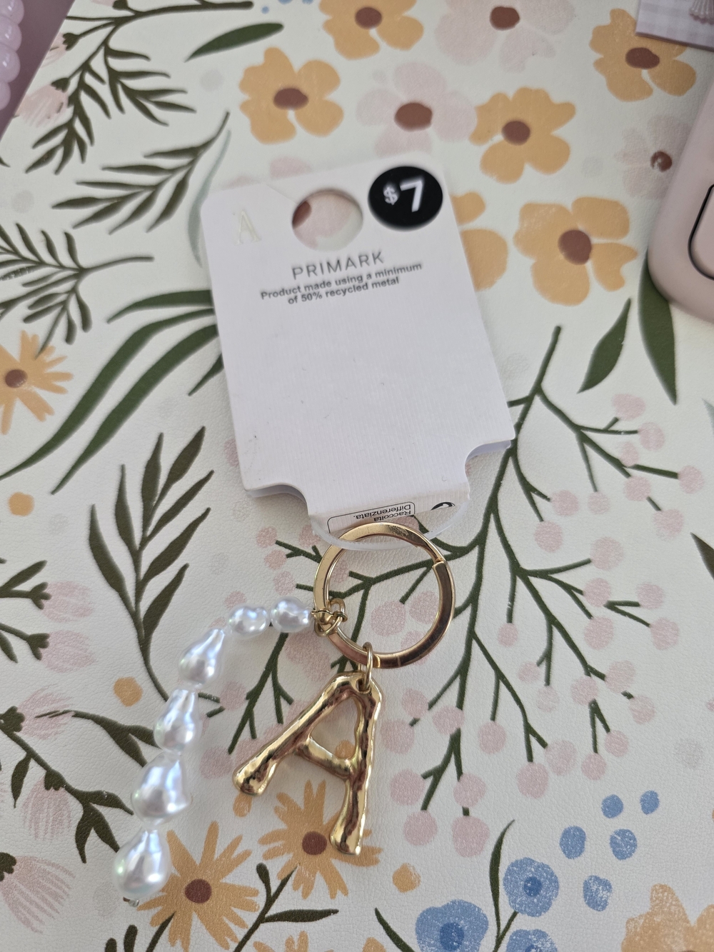 Primark Gold Initial 'A' Keyring with Pearl Bead Tassel